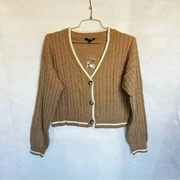 Love Tree Sweaters - Cardigan Sweater Cable Knit Oversized Boxy Cropped Khaki Brown Long Sleeve Cozy